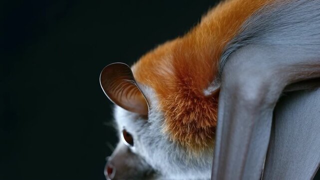 A close-up profile of a small bat with a gray face, large round eye, and orange-brown fur on its back.