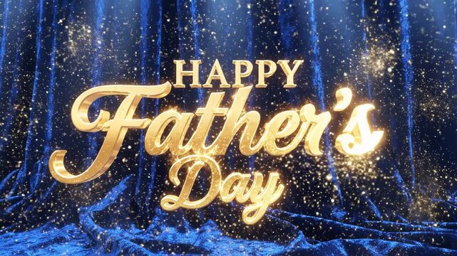 Happy fathers day greeting text in golden 3d font with sparkling effect against a dramatic blue velvet curtain background with spotlights
