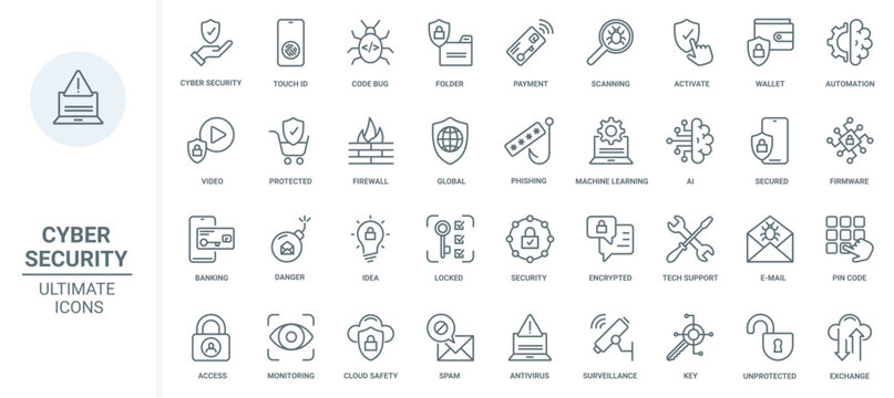 Cyber security thin line icons set vector illustration. Outline data safety and secure access technology, AI and machine learning for global antivirus protection of information, wallet and code