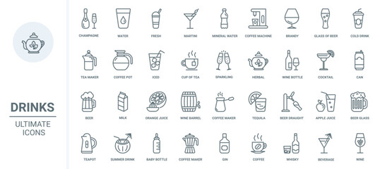 Drinks thin line icons set vector illustration. Outline beverage menu collection with cold fresh water, alcohol cocktails or juice and hot drinks, champagne and wine glasses, coffee and tea maker