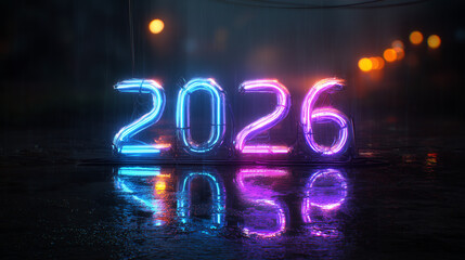 2026年のネオンサイン、濡れたアスファルトに反射するサイバーパンクな数字