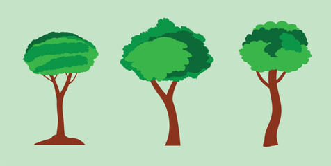 Green tree set vector illustration. A collection of three simple cartoon tree illustrations. cartoon nature forest plant graphic design elements collection isolated.