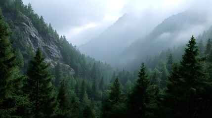 Misty mountain valley filled with dense pine forests during a gentle rain shower