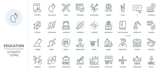 Education thin line icons set vector illustration. Outline school and university technology and stationery for student to study, knowledge from books, encyclopedia and ebook, science and sport symbols