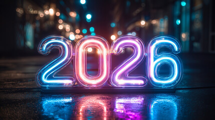 2026年のネオンサイン、濡れたアスファルトに反射するサイバーパンクな数字