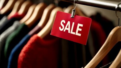 Holiday shopping season. Retail business promotion concept. A closeup shot of a clothing rack with a red sale tag hanging from it. The tag is red with white text. - Powered by Adobe