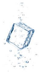Blue water Ice cube splash with bubbles on a clean transparent background