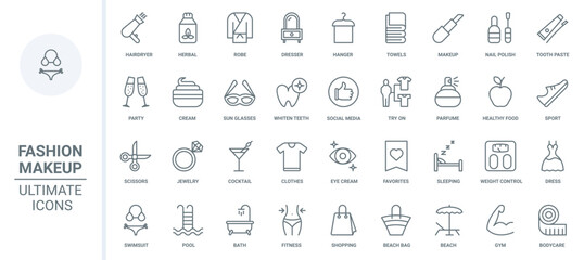 Fashion and beauty, cosmetics thin line icons set vector illustration. Outline nail polish and spa salon, barbershop for health, hair and skin care, trying on clothes and teeth whitening, healthy food