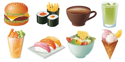 Collection of delicious and varied food and drink items including a burger sushi fries coffee and ice cream