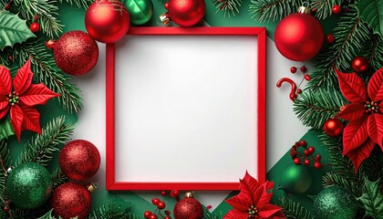 Festive Christmas frame with red poinsettias green branches and shiny ornaments for holiday greetings.