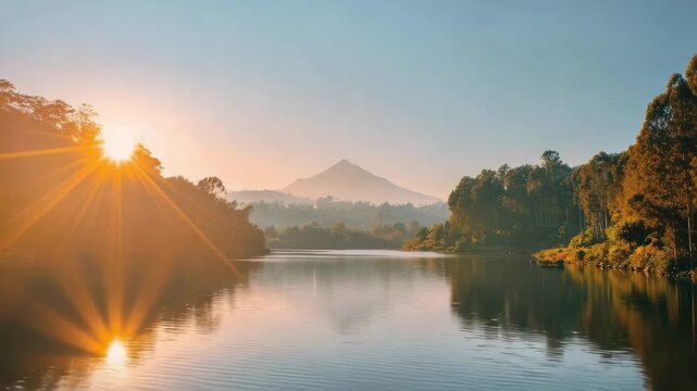 Sunrise over a tranquil lake, sunbeams through trees, calm water reflecting a distant cone-shaped mountain.