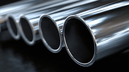 Close-up view of shiny exhaust pipes in a row. The pipes gleam in a metallic sheen, creating a sense of modernity and power