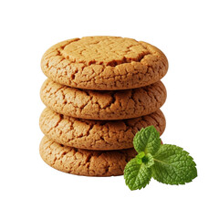 Three perfectly round, golden-brown ginger snap cookies, stacked, crisp texture, with a vibrant green mint leaf on transparent. Delicious dessert advertising concept