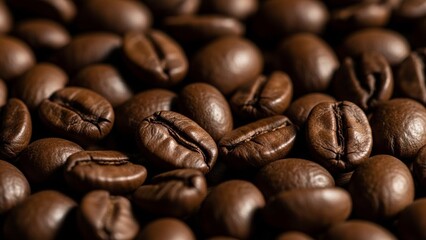 Fototapeta premium Close up of Richly Textured Roasted Coffee Beans with Natural Light and Shadow