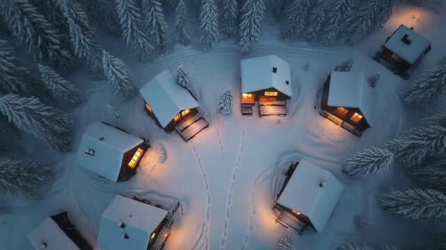 Cozy cabins nestled in a snowy forest at night, illuminated by warm interior lights