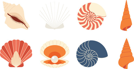 Stylized Sea Shell and Mollusk Vector Illustration Set Featuring Scallop, Conch, and Nautilus Shells in Flat Design for Beach and Summer Concepts.