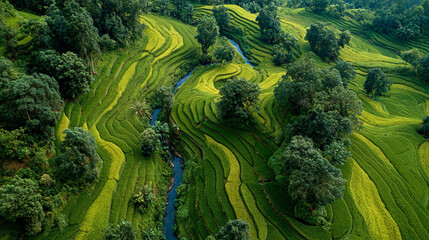 Discover the serene beauty of lush green rice terraces and flowing streams in a tropical paradise, perfect for travel inspiration and showcasing sustainable agriculture