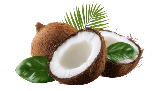 Whole and halved coconut with palm leaf isolated on transparent background tropical, coconut, coconut, fruit, palm, leaf, leaf