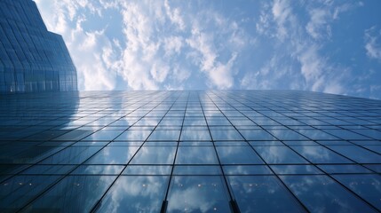 Skyscrapers reflect clouds in a blue sky on a sunny day in a bustling city