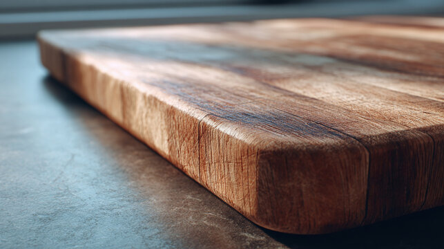 Close-up of a wooden cutting board with a textured surface, showcasing the natural wood grain and its warm tones