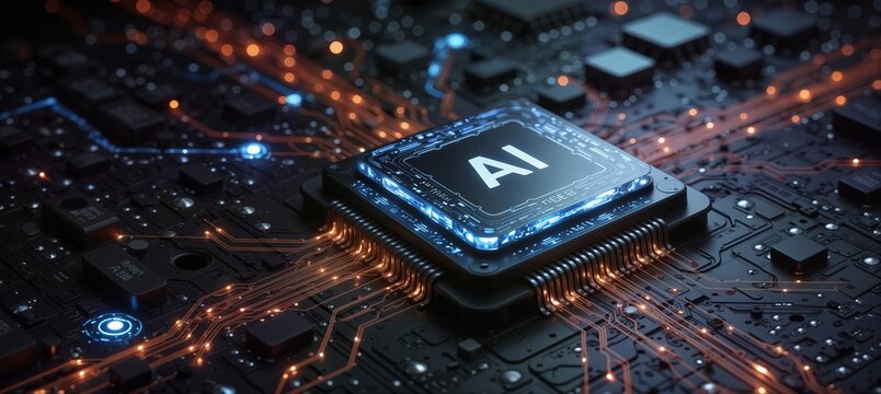 artificial intelligence microchip with glowing circuitry and futuristic blue lighting.