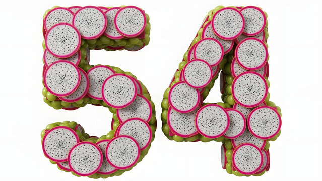 Number 54 made from slices of fresh dragon fruit on a white background