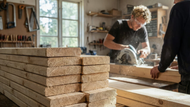 A carpenter is working in a workshop with a circular saw, cutting wood. Wood planks are stacked in the foreground.