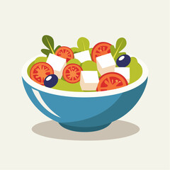 Fresh Garden Salad in a Blue Bowl with Tomatoes Olives and Feta Cheese Served on a Light Background