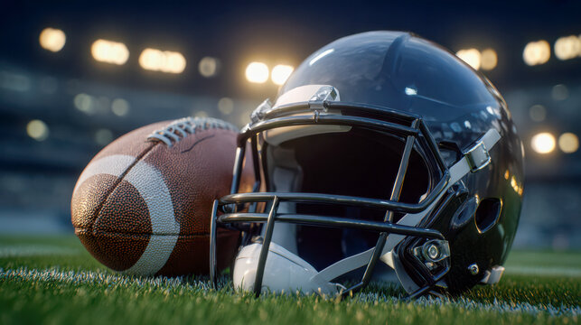 American football helmet and ball on stadium grass at night