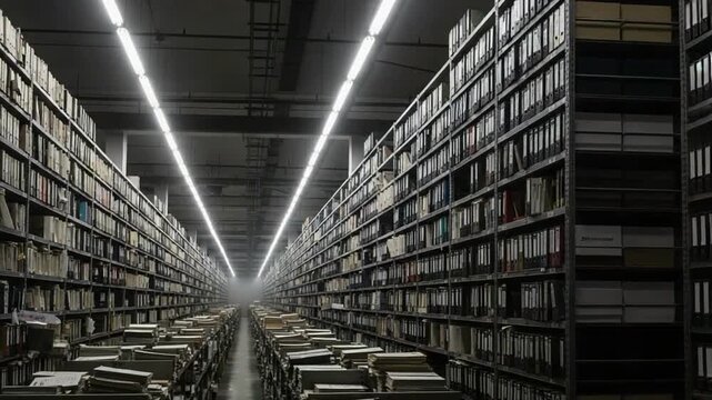 Expansive archive facility with countless rows of files and binders on towering shelves, stretching into the distance under bright overhead lights