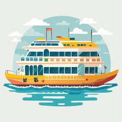 Large Yellow Tour Boat Sailing On Calm Blue Water Under A Cloudy Sky With White Clouds