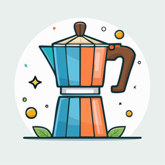 Retro Style Coffee Maker With Blue And Orange Panels And A Brown Handle On A Light Blue Background With Green Leaves And Sparkles