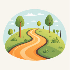 Winding Orange Path Through Lush Green Hills Under a Cloudy Blue Sky With Tall Trees and Small Bushes