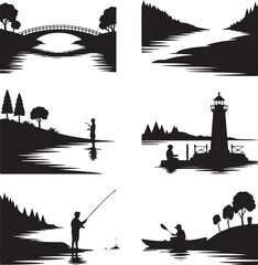 Naklejka premium Lake Shore Silhouette – Vector Forest Edge, Trees, Rocks, Water, Nature Landscape, Solid Black Design”