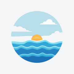 Stylized Sunrise Over Wavy Ocean With Clouds In Circular Frame
