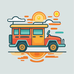 Retro Orange and Yellow Jeepney with Stylized Sun and Clouds on a Gray Background