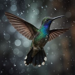 Obraz premium iridescent hummingbird in flight with water droplets against a blurred bokeh background
