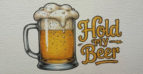 vintage illustration of a full beer mug with bubbly foam and playful "hold my beer" lettering.