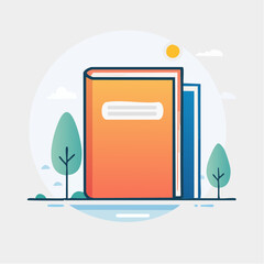 Two Closed Books One Orange and One Blue Stand on a Blue Line with Green Trees and a Yellow Sun in a Circle Background