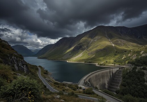 remote scottish loch and hydroelectric dam under dramatic stormy skies with winding road and lush green hills. - Powered by Adobe
