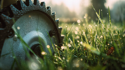 Lawn mower wheel covered in morning dew on grass