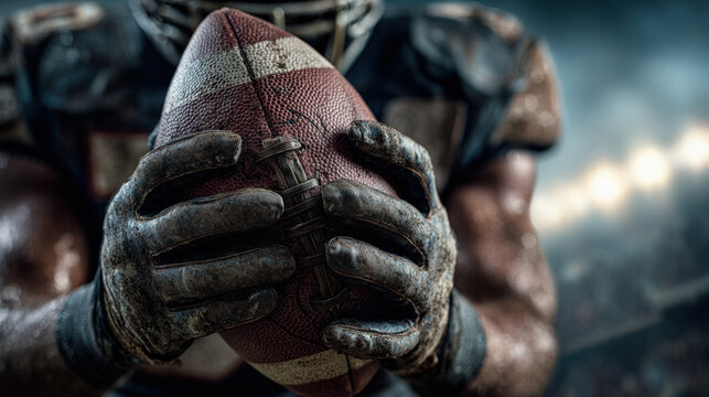American football player holding ball on stadium field