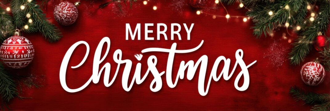 Merry christmas festive red background with ornaments and lights