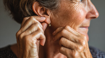 Fototapeta premium Senior woman putting on an earring getting ready