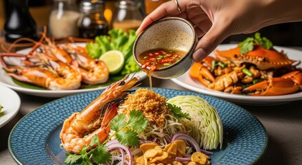 Exquisite seafood meal preparation with pour from vintage pitcher, Asian culinary masterpiece and delicious