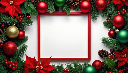 Festive Christmas wreath with blank red frame and ornaments for holiday greetings.