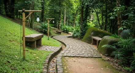A tranquil stone walkway winds through a lush green forest park, a serene and scenic path for a peaceful outdoor journey