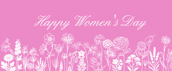 Simple pink floral background. Flowers in one line. Happy Women's Day. Hand drawn. Not AI, vector illustration
