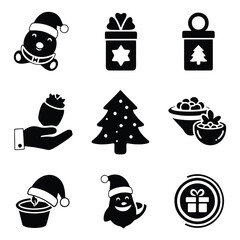 A collection of festive Christmas holiday glyph icons and symbols
