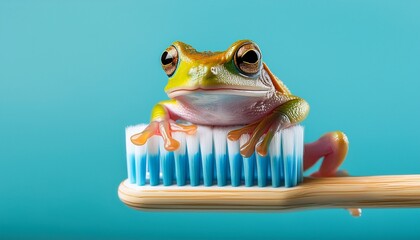 a vibrant amphibian perched atop a toothbrush symbolizing oral hygiene and the importance of daily dental care a whimsical image promoting healthy habits